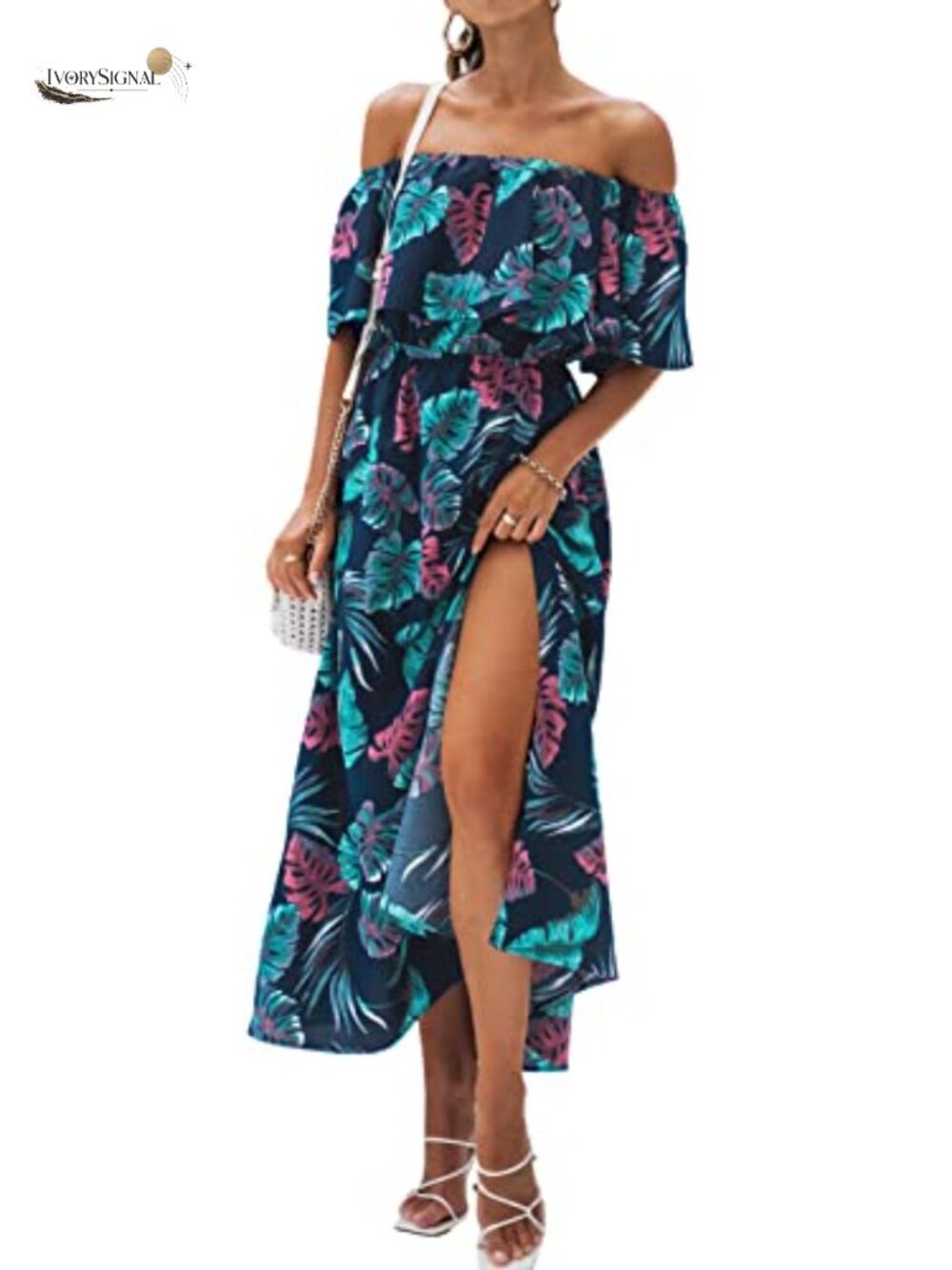 Ruffle Floral Maxi Summer Dress Off Shoulder Beach A-Line Polyester